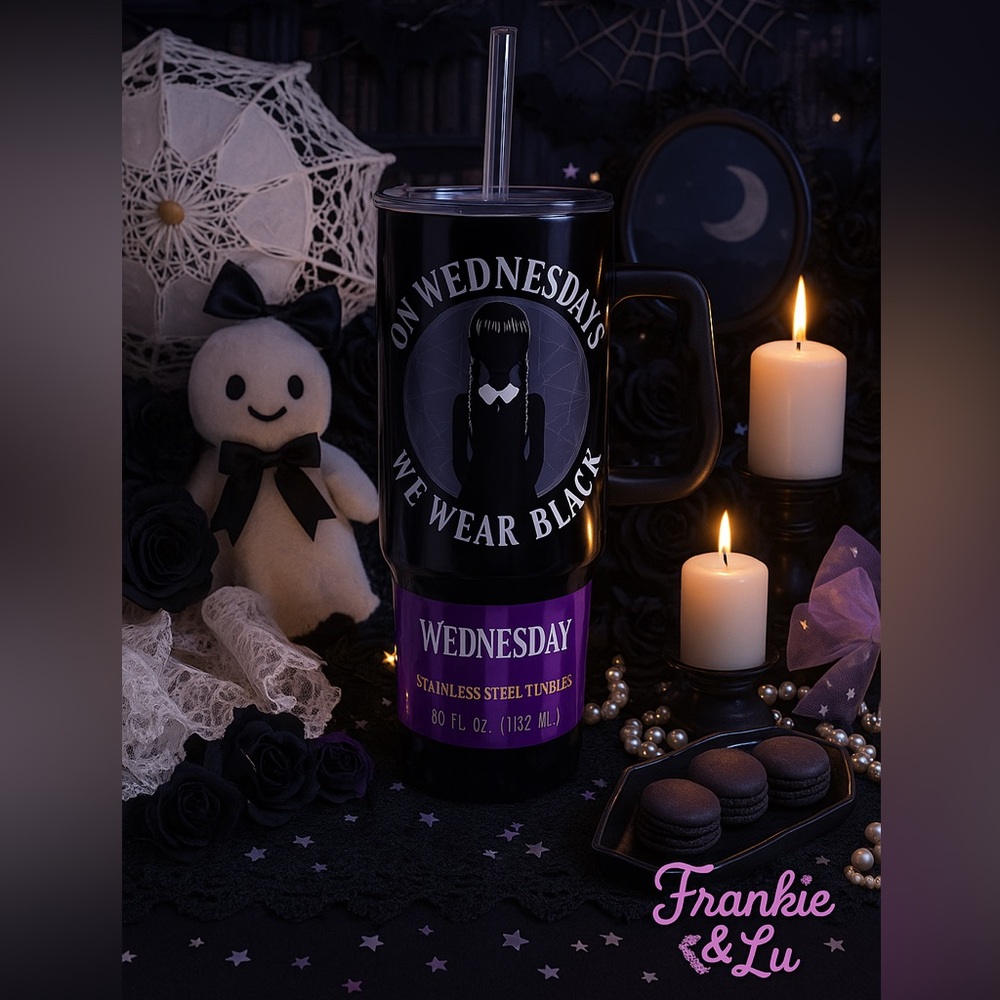 Wednesday Addams Black Stainless Steel Tumbler 40oz With Handle & Straw NWT